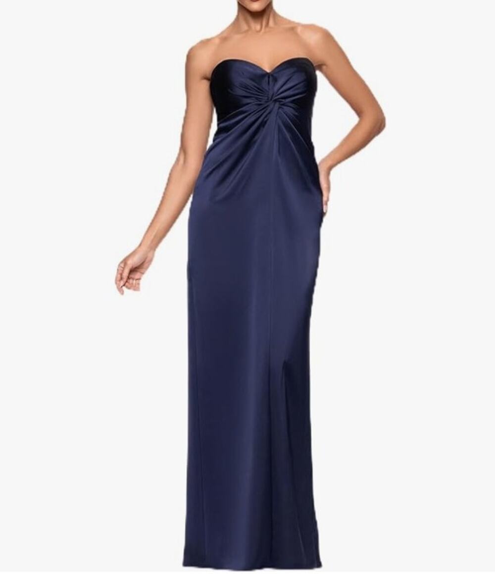 Xscape NWT Womens 10 Navy Satin Strapless Sweetheart Knot Front Formal Gown